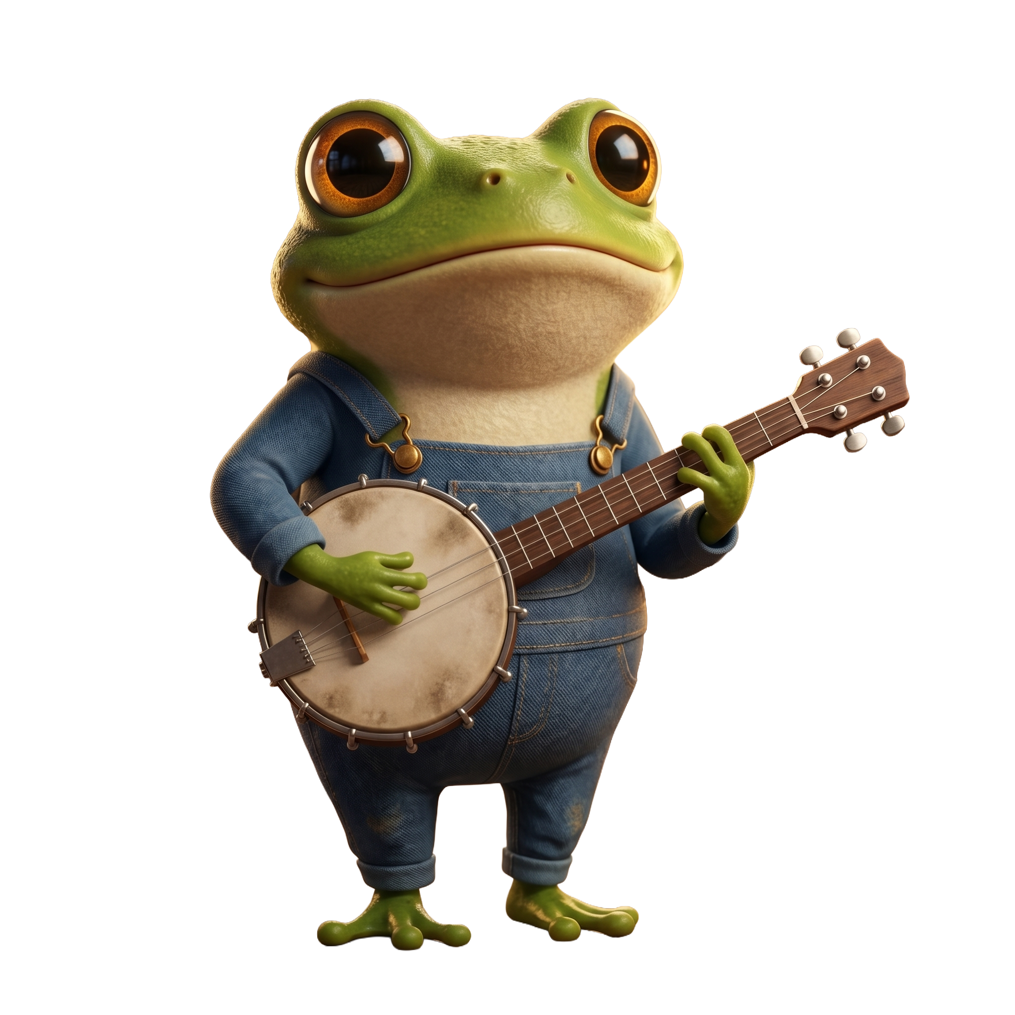 A 3D-rendered frog in denim overalls playing a banjo